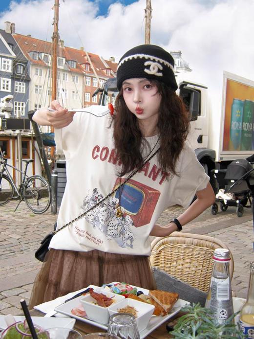 浮生八记/25C121/“快乐小狗”美式复古做旧斑点狗T恤 商品图0