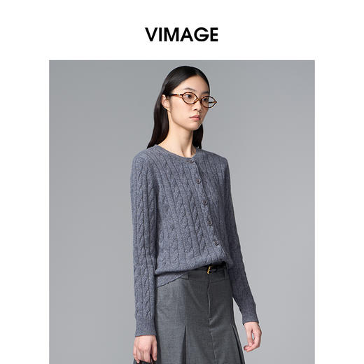 VIMAGE纬漫纪绵羊毛复古多色时尚绞花针织开衫上衣2025秋季新款V2401103 商品图2