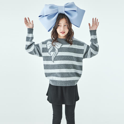 棵初25年秋冬新款亲子中大女童条纹蝴蝶结毛衣纯羊毛软糯亲肤上衣 商品图2