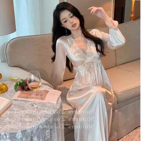 【新款宫廷风❗️轻奢长袖蕾丝睡衣】柔软亲肤，自带胸垫，免穿文胸内衣，显气质！网红春秋花边纯色女超长