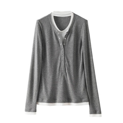 「高货xg」全新升级【铂金会员183/天猫239/差价56】(02114)洛诗琳拼接假两件T恤2025秋季洋气减龄显瘦天丝羊毛打底衫 商品图4