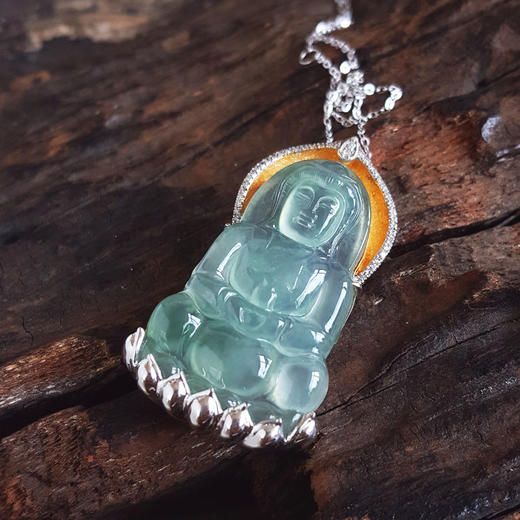 【天然正品】AU750收藏级双色金镶钻镶天然细腻高冰种飘蓝花观音坐莲（平安安乐）翡翠吊坠项链160925XY18 现售价：9380 商品图6