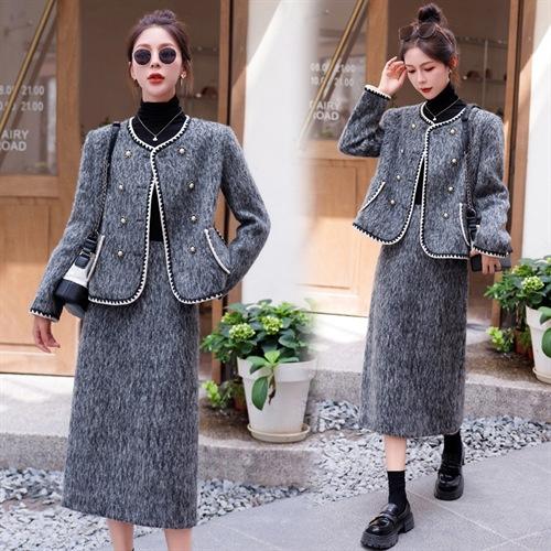 毛呢套装裙秋冬2025新款两件套毛呢外套半身裙高级感名媛套装YJLY8009 商品图1