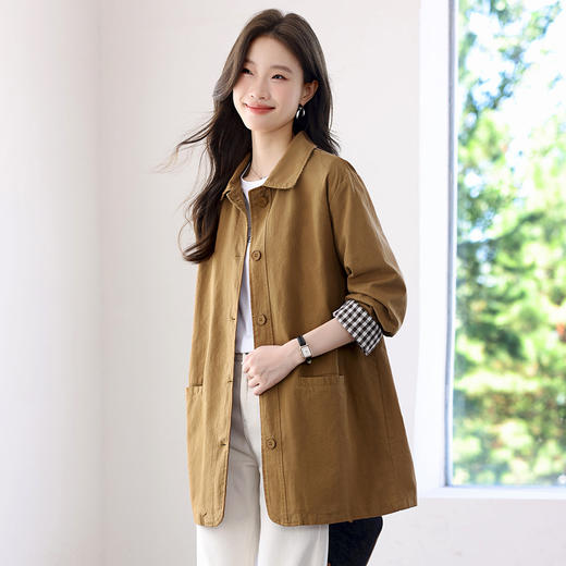 丁摩 纯棉翻领春秋风衣女中长款新款宽松休闲大码外套6ZF-2809 商品图2