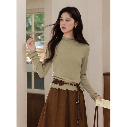 鹿向南【抹茶可可】长袖绿色针织衫女秋季新款法式设计感独特上衣 商品图3