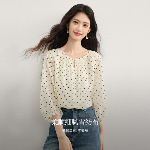 【09/17新品】熙世界法式七分袖波点雪纺衫女2025秋季新款优雅气质圆领衬衫上衣 商品图3