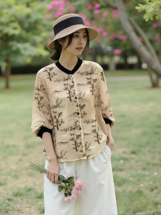 11.11直降到底！！【秋新品】古泥7579 新中式提花宽袖拼色领衬衫-喜出 商品图1