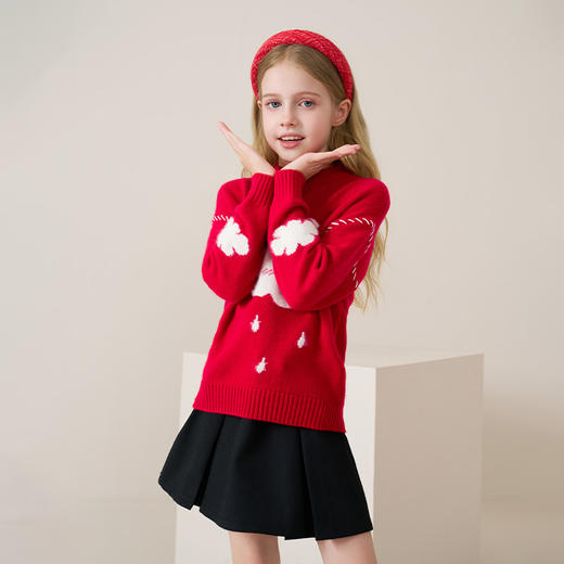 mettekids儿童100%羊绒衫2025秋冬新款女童红色套头针织云朵毛衣 商品图1