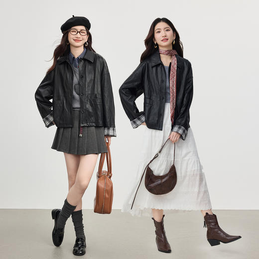 【年货节】熙世界肌理感蛋白PU皮衣外套女秋季格纹翻边袖巴恩风短款夹克上衣 商品图2