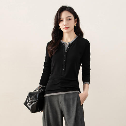 「高货xg」全新升级【铂金会员183/天猫239/差价56】(02114)洛诗琳拼接假两件T恤2025秋季洋气减龄显瘦天丝羊毛打底衫 商品图0