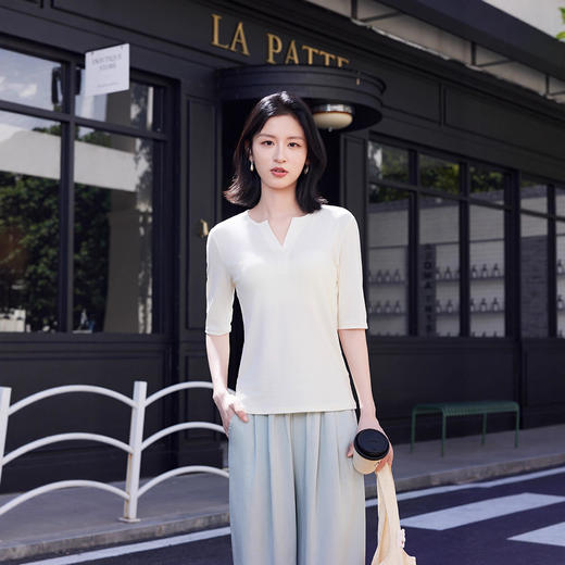 百媚生 天丝羊毛棉半开门襟五分袖袖针织衫19785133 商品图1