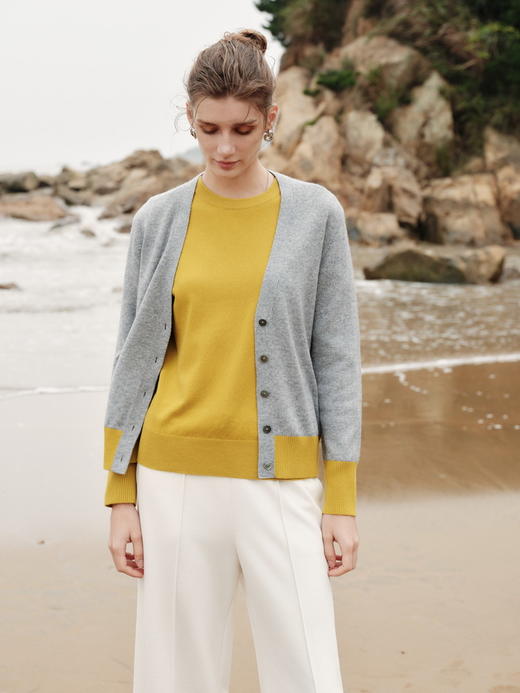 ICB日系春季通勤宽松版纯山羊绒V领针织羊绒开衫可水洗商场同款 商品图0