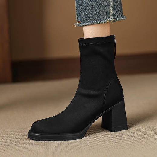 OLD 270法式复古圆头粗跟短靴弹力显瘦靴马丁靴 商品图3