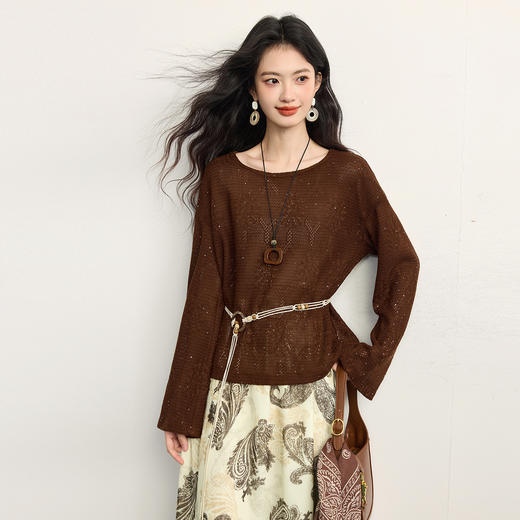 【周末秒杀】熙世界气质穿搭一整套女秋季复古亮丝针织衫腰果印花半身裙两件套 商品图1