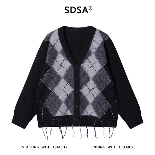 91289SDSA男士秋冬新款痞帅男装潮牌复古菱形格V领针织衫流苏开衫毛衣 商品图0