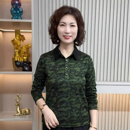 妈妈装2025秋新款时尚花色翻领长袖小衫大码遮肚女装洋气显瘦上衣 商品图0