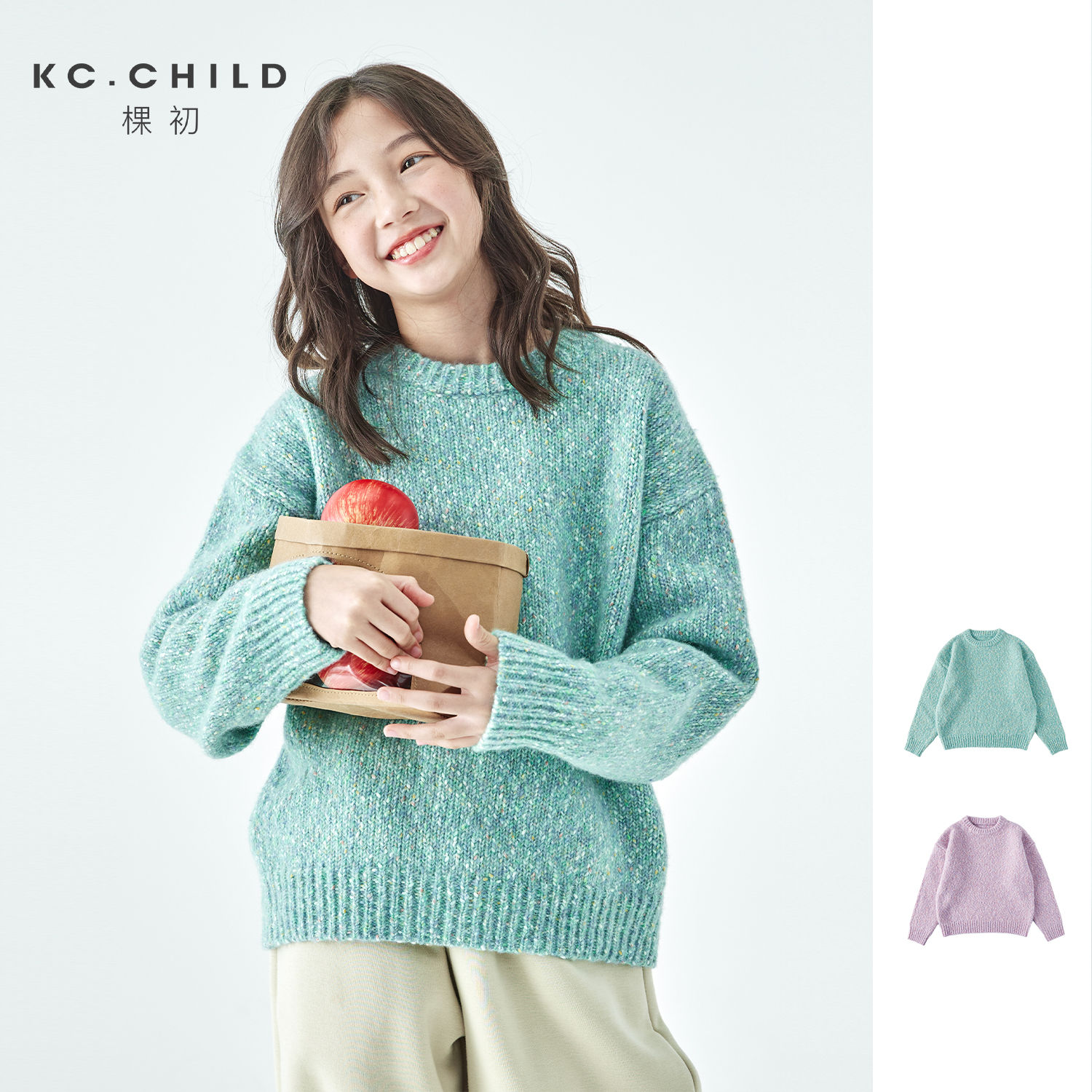 棵初25年秋冬新款亲子中大女童彩点复古圆领毛衣保暖羊毛混纺上衣