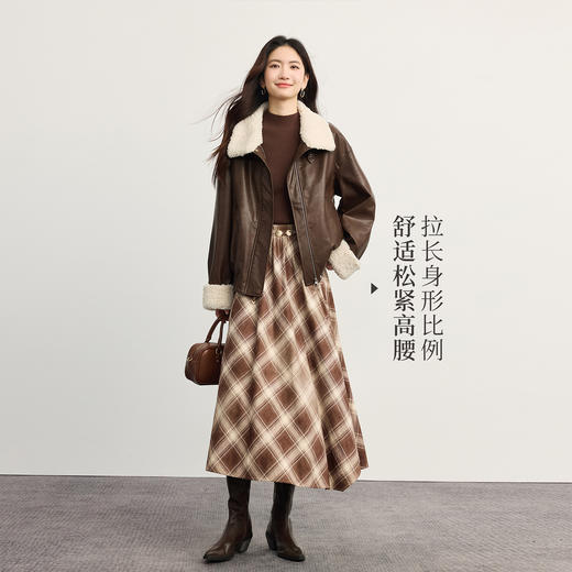 【09/17新品】熙世界复古咖色格子半身裙女2025秋装新款垂坠飘逸不规则高腰伞裙 商品图2