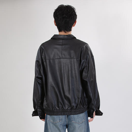 DRONKOO 2025 翻领左金属扣斜口袋下摆橡筋蛋白皮中厚皮衣 商品图4