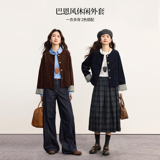 【周四狂欢价】熙世界复古回潮灯芯绒短外套女秋季气质宽松圆领格子拼接夹克上衣 商品图2