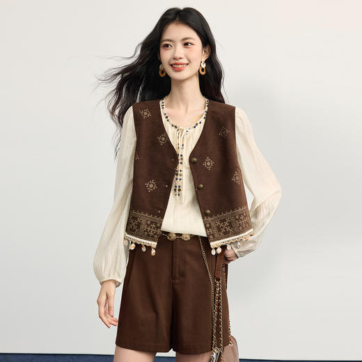 【09/17新品】熙世界波西米亚风长袖天丝衬衫女2025秋季新款串珠系带莱赛尔上衣 商品图3