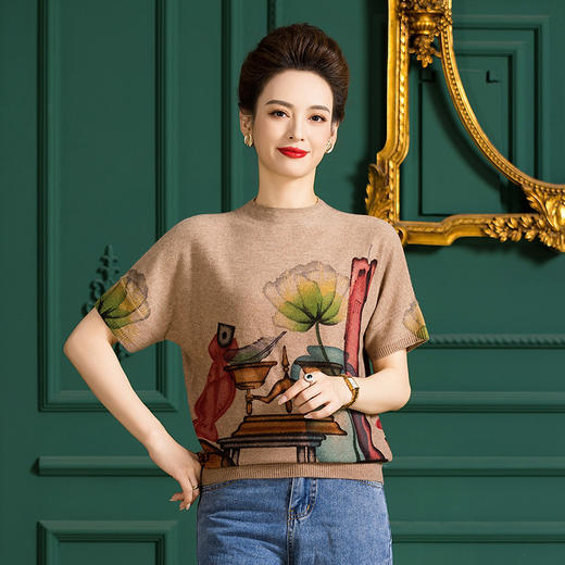 WW MW850羊毛短袖针织衫显瘦羊毛衫印花休闲上衣 商品图0