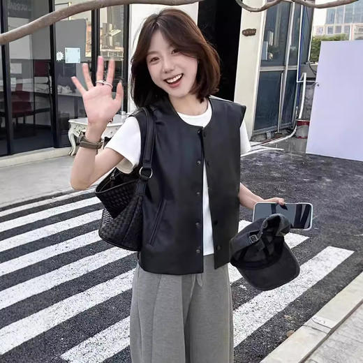 百媚生 PU皮马甲女复古休闲宽松无袖坎肩马夹n6194 商品图2