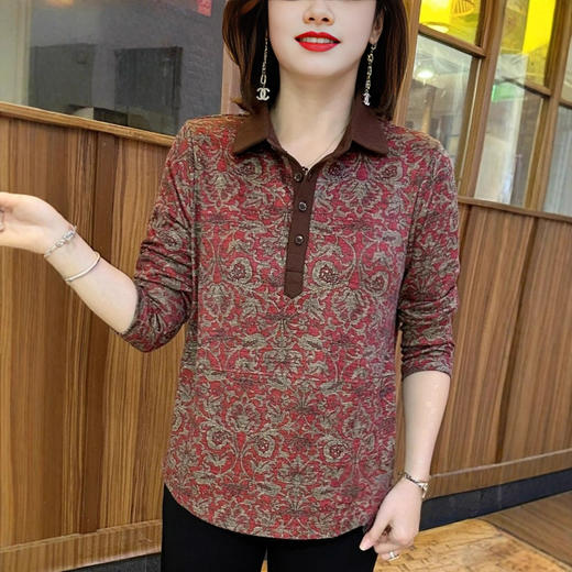 NP-秋季新款时尚纯棉Polo领长袖T恤上衣女中年妈妈装宽松显瘦打底衫 商品图0