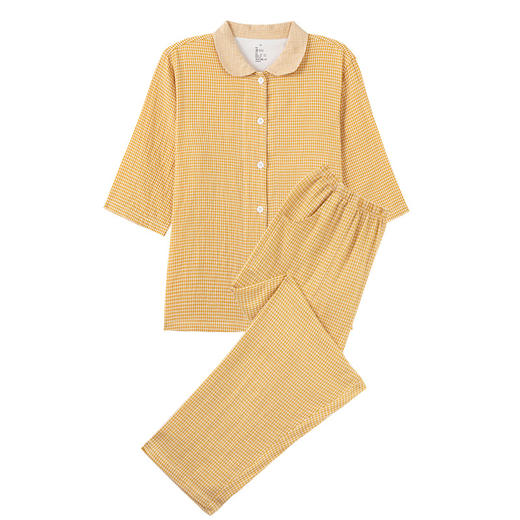 【双层纱七分袖细格纹睡衣】全棉双层纱家居服七分袖细格纹睡衣女士家居服套装 商品图5
