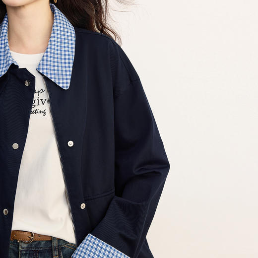 【09/17新品】熙世界假两件格子POLO领外套女2025秋季新款休闲拉链开衫短款上衣 商品图3