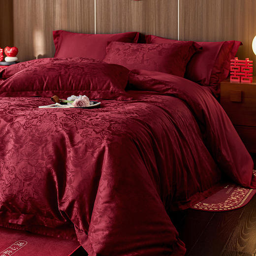 【长绒棉贡缎提花100S四件套】简约中式婚庆四件套长绒棉贡缎提花100S纯棉嫁娶红色全棉结婚床品 商品图6