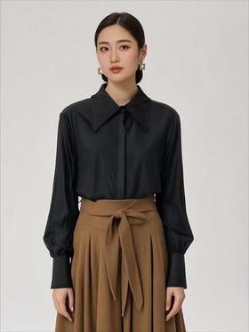 【秋新品】古泥6019 100%薄款天丝尖领压褶设计感衬衫-喜出