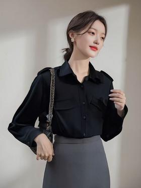 【秋新品】古泥9910黑色气质斜口袋衬衫-喜出
