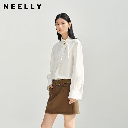 NEELLY纳俪商场同款秋季新款精致设计感飘带领衬衫女显瘦通勤上衣N25082B01086 商品图0