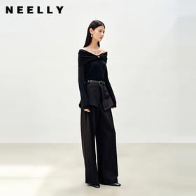 NEELLY纳俪商场同款秋季新款简约宽松阔腿裤女不规则搭片直筒长裤N25083H01130