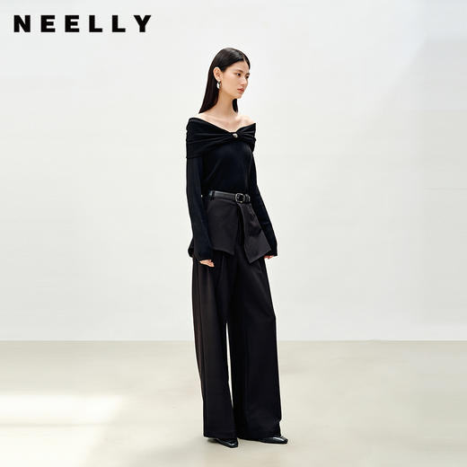 NEELLY纳俪商场同款秋季新款简约宽松阔腿裤女不规则搭片直筒长裤N25083H01130 商品图0