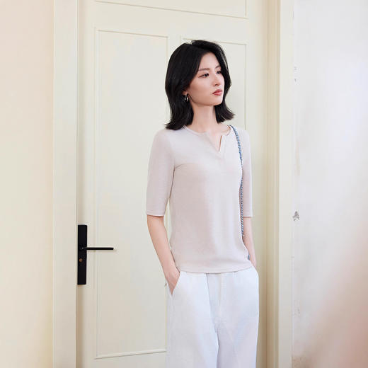 百媚生 天丝羊毛棉半开门襟五分袖袖针织衫19785133 商品图3