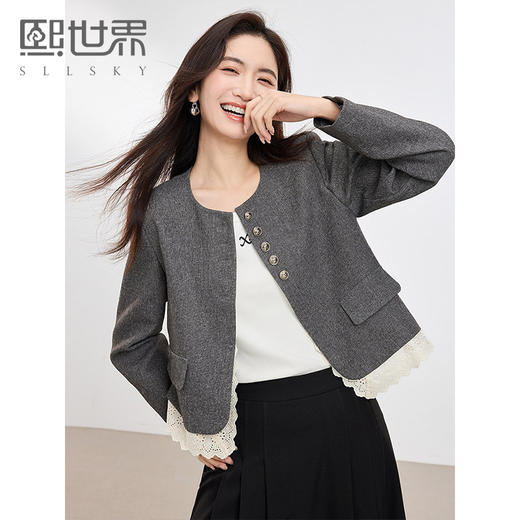 【专属特价】熙世界灰色小香风外套女短款2025春秋新款高级感蕾丝拼接气质上衣 商品图0