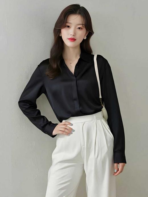 【秋新品】古泥7287仿真丝缎面光泽简约黑色衬衫-喜出 商品图2