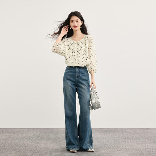 【09/17新品】熙世界法式七分袖波点雪纺衫女2025秋季新款优雅气质圆领衬衫上衣 商品图2