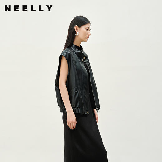 NEELLY纳俪商场同款秋季新款气质宽松皮衣马甲女复古设计感外套N25083D01124 商品图0