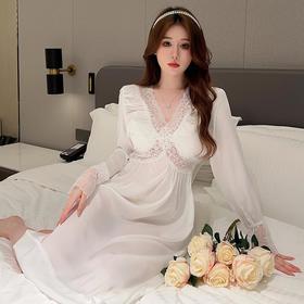 【法式浪漫❗️长袖蕾丝花边睡裙】自带胸垫，免穿文胸内衣，超显气质！超长网红春秋季睡裙女长袖冰丝睡衣