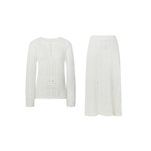 HeyDress镂空勾针圆领毛衣/钩针A摆松紧腰针织羊毛半裙 商品图4