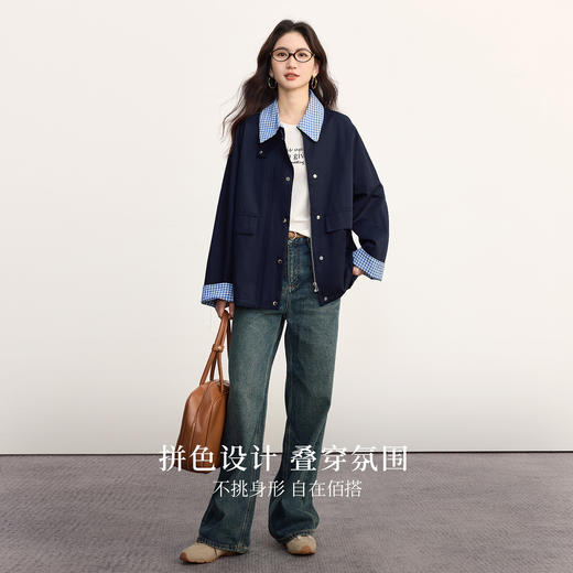 【09/17新品】熙世界假两件格子POLO领外套女2025秋季新款休闲拉链开衫短款上衣 商品图2