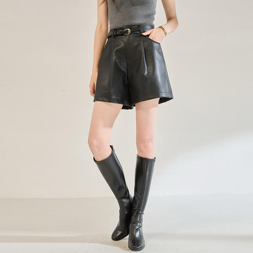 「高货sh」全新升级【铂金会员174/天猫229/差价55】(00753)洛诗琳新款pu皮短裤2025秋季气质褶皱百搭高腰显瘦A字裤 商品图2