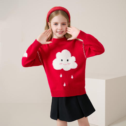 mettekids儿童100%羊绒衫2025秋冬新款女童红色套头针织云朵毛衣 商品图2