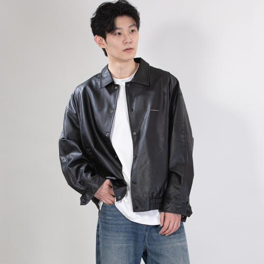 DRONKOO 2025 翻领左金属扣斜口袋下摆橡筋蛋白皮中厚皮衣 商品图1