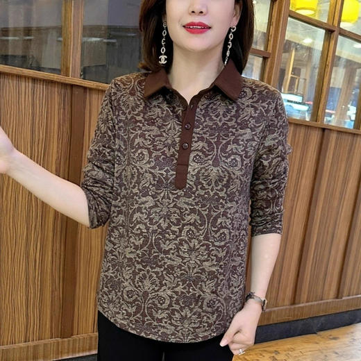 NP-秋季新款时尚纯棉Polo领长袖T恤上衣女中年妈妈装宽松显瘦打底衫 商品图1