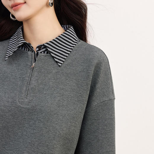 【09/17新品】熙世界灰色运动休闲卫衣套装女秋季新款条纹翻领上衣阔腿裤两件套 商品图4