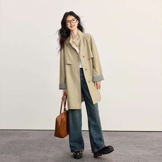 【09/17新品】熙世界正流行风衣外套女中长款2025秋季新款单排扣巴恩风立领大衣 商品图3